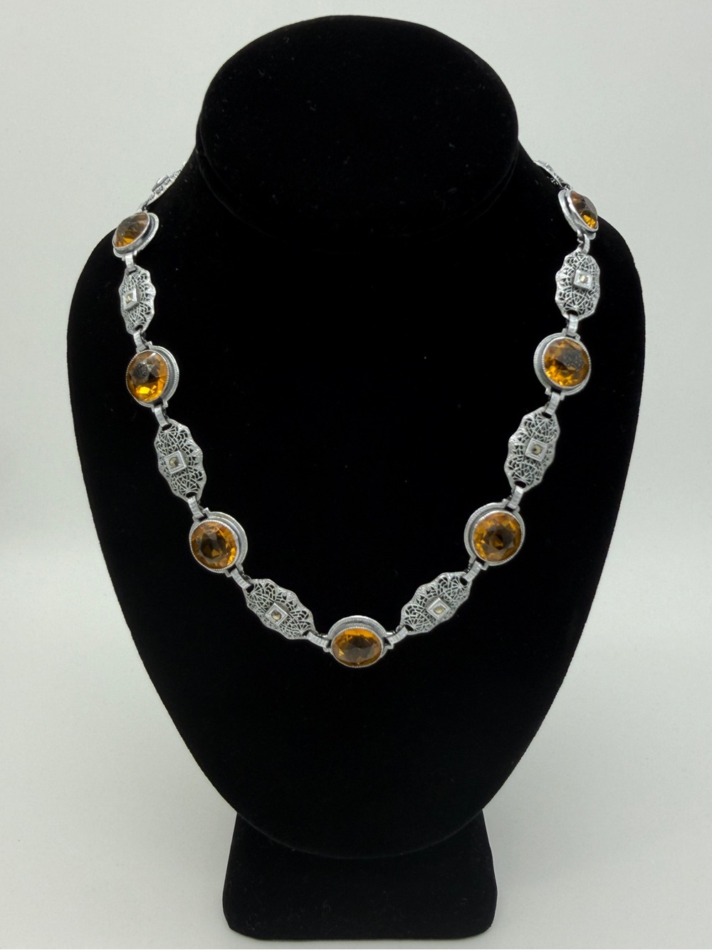 Antique Art Deco 1920s–30s Topaz Glass Filigree Vintage Necklace